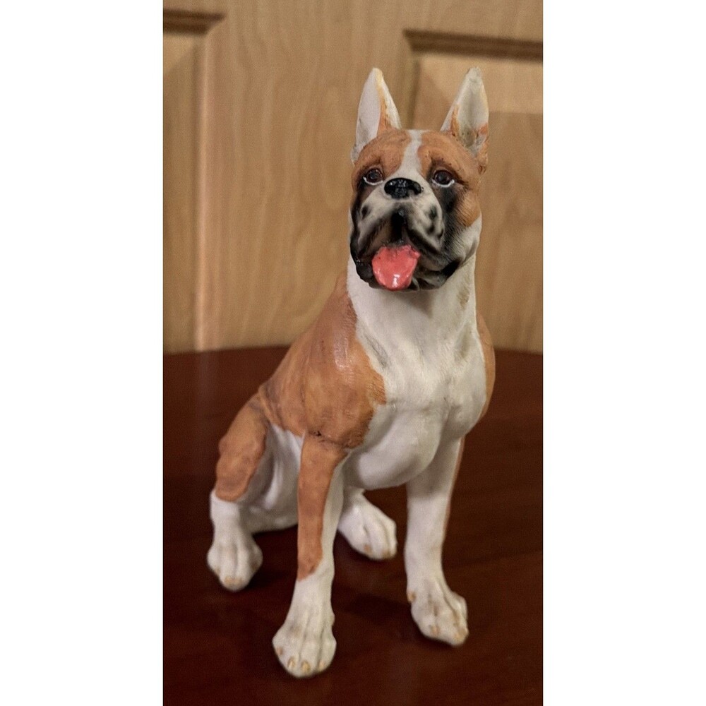Sitting Fawn Boxer with Tongue Out Dog Pet Home Decoration Resin Figurine  8.25”